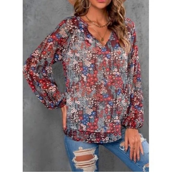 Casual Boho Sheer Floral Print V Neck Long Sleeve Tunic Lined Red and Blue - Picture 10 of 12